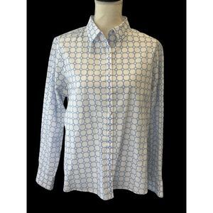 Lands' End No Iron Supima Cotton Dress Shirt Womens sz 16 White w/ Blue Pattern‎
